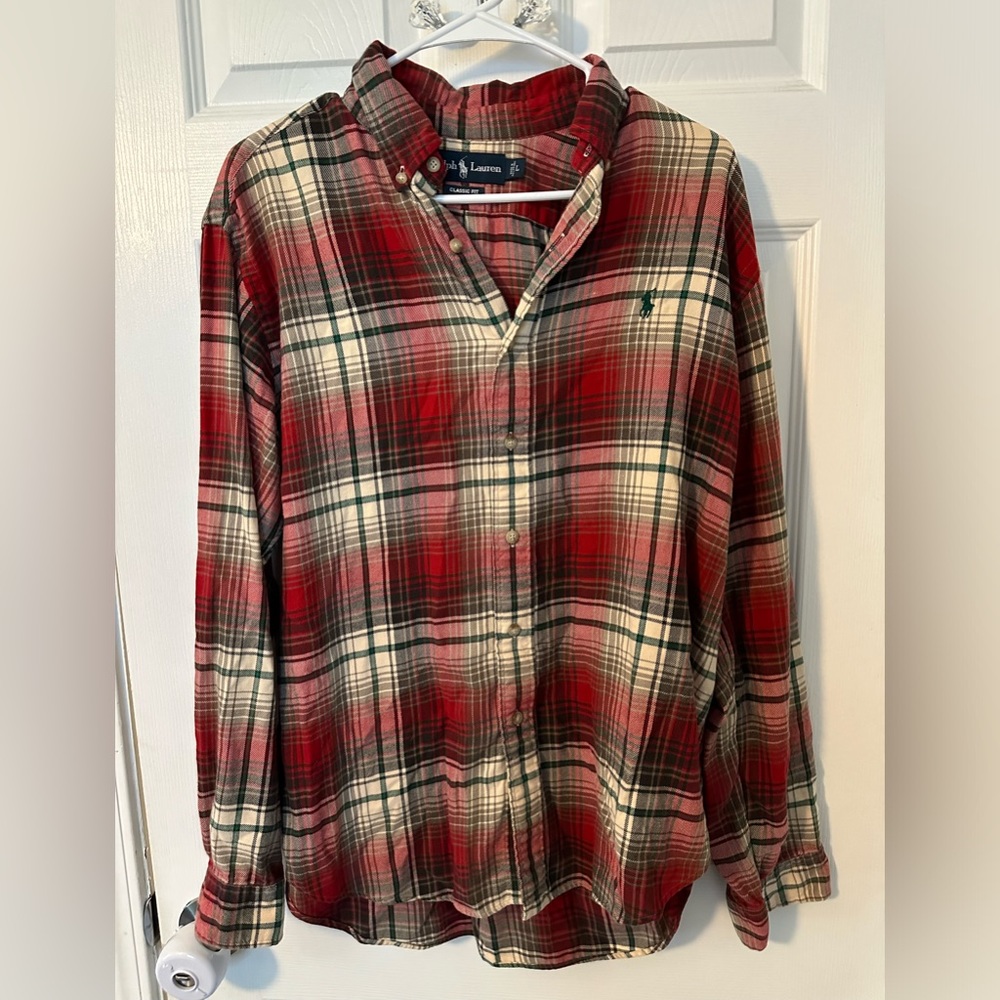 Polo Ralph Lauren Oxford Men's L Plaid Soft Flannel LS Button Down Shirt Red